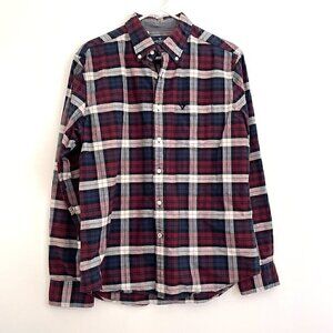 AMERICAN EAGLE Mens Classic Fit Burgundy Red Navy Plaid Long Sleeve Button Down